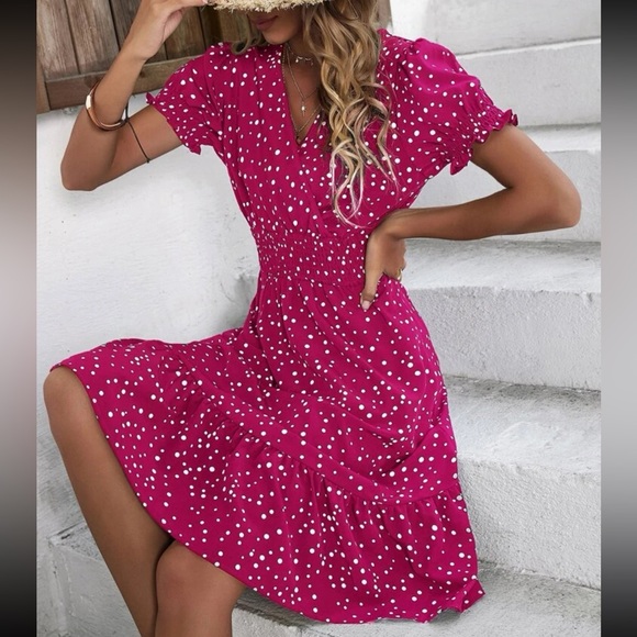 Boho polka dots puff sleeve A line dress - Picture 4 of 6